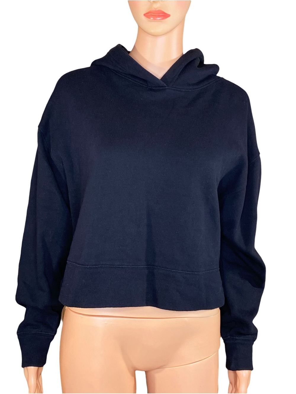 Old Navy Black Cropped Hoodie Sweatshirt Boxy Oversized Fit Ribbed Trim Size XS